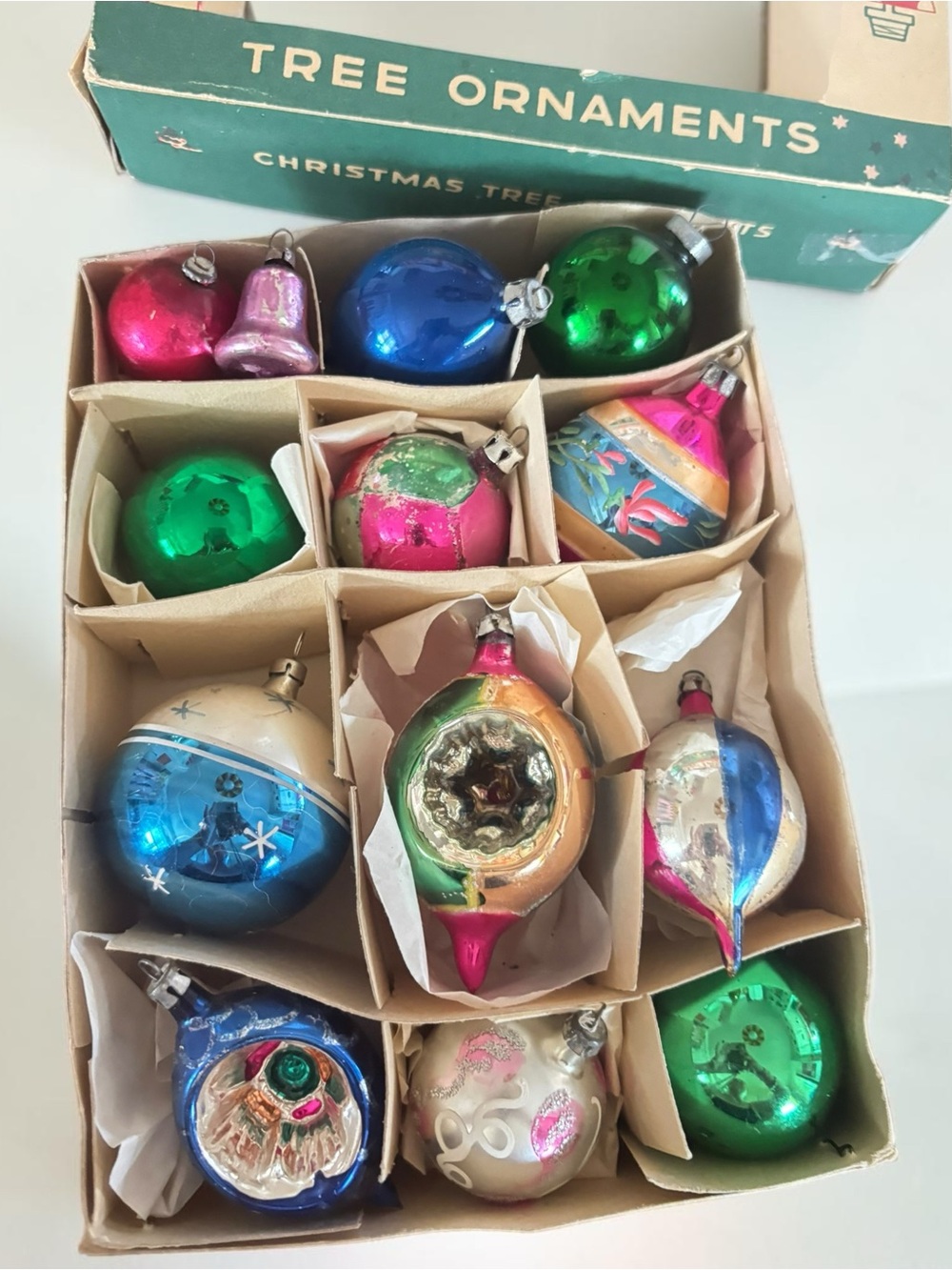 Vintage Glass Christmas Ornaments Lot 12 Indent Reflector Teardrop MCM Boxed